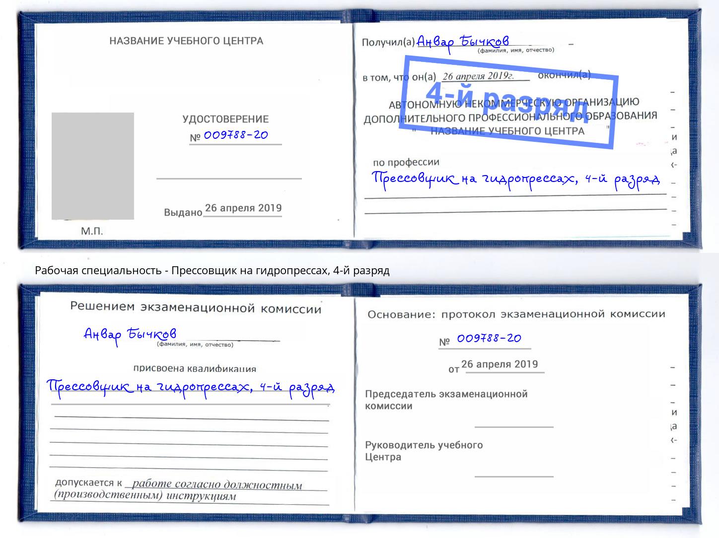 корочка 4-й разряд Прессовщик на гидропрессах Дзержинск