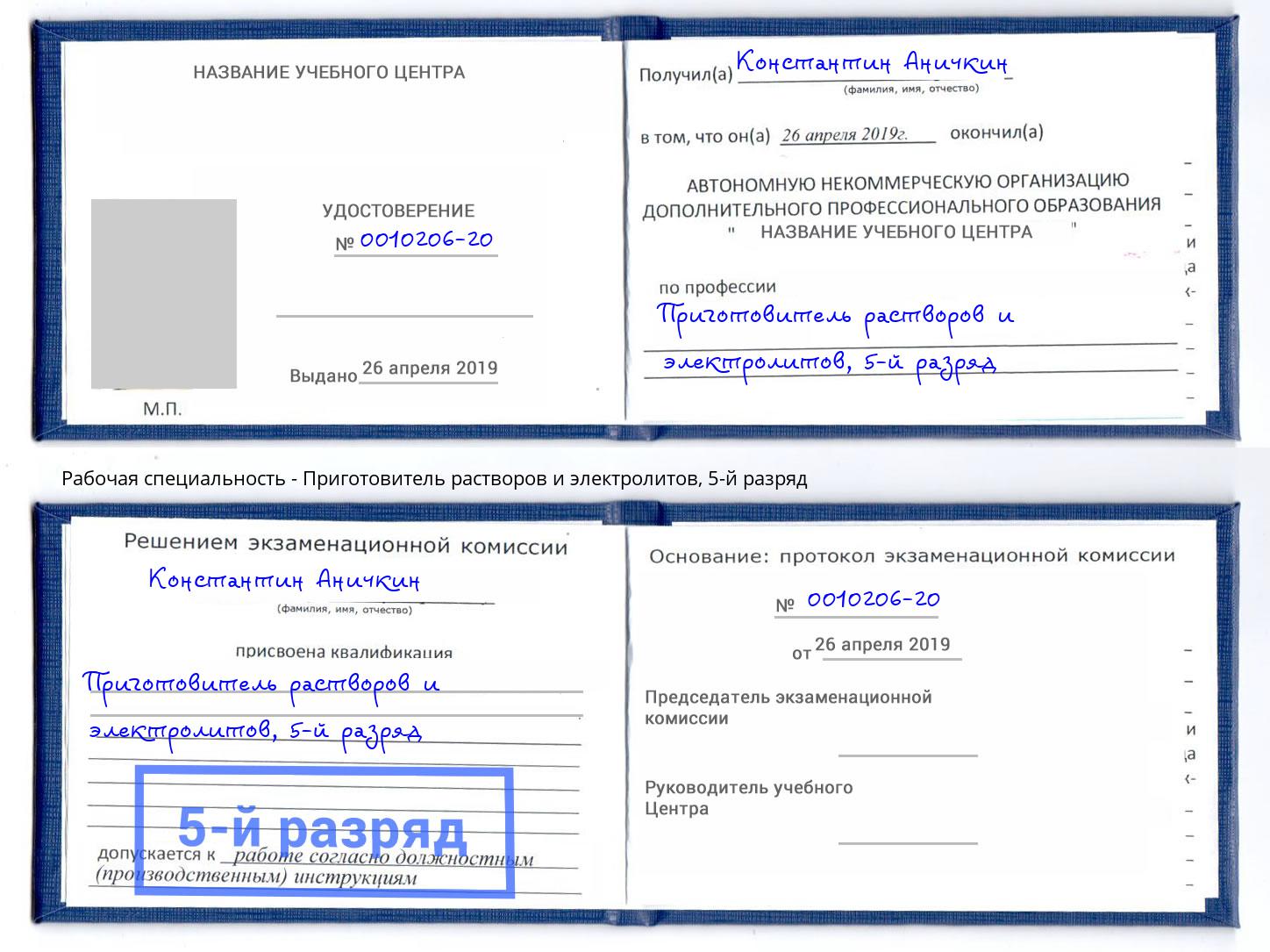 корочка 5-й разряд Приготовитель растворов и электролитов Дзержинск