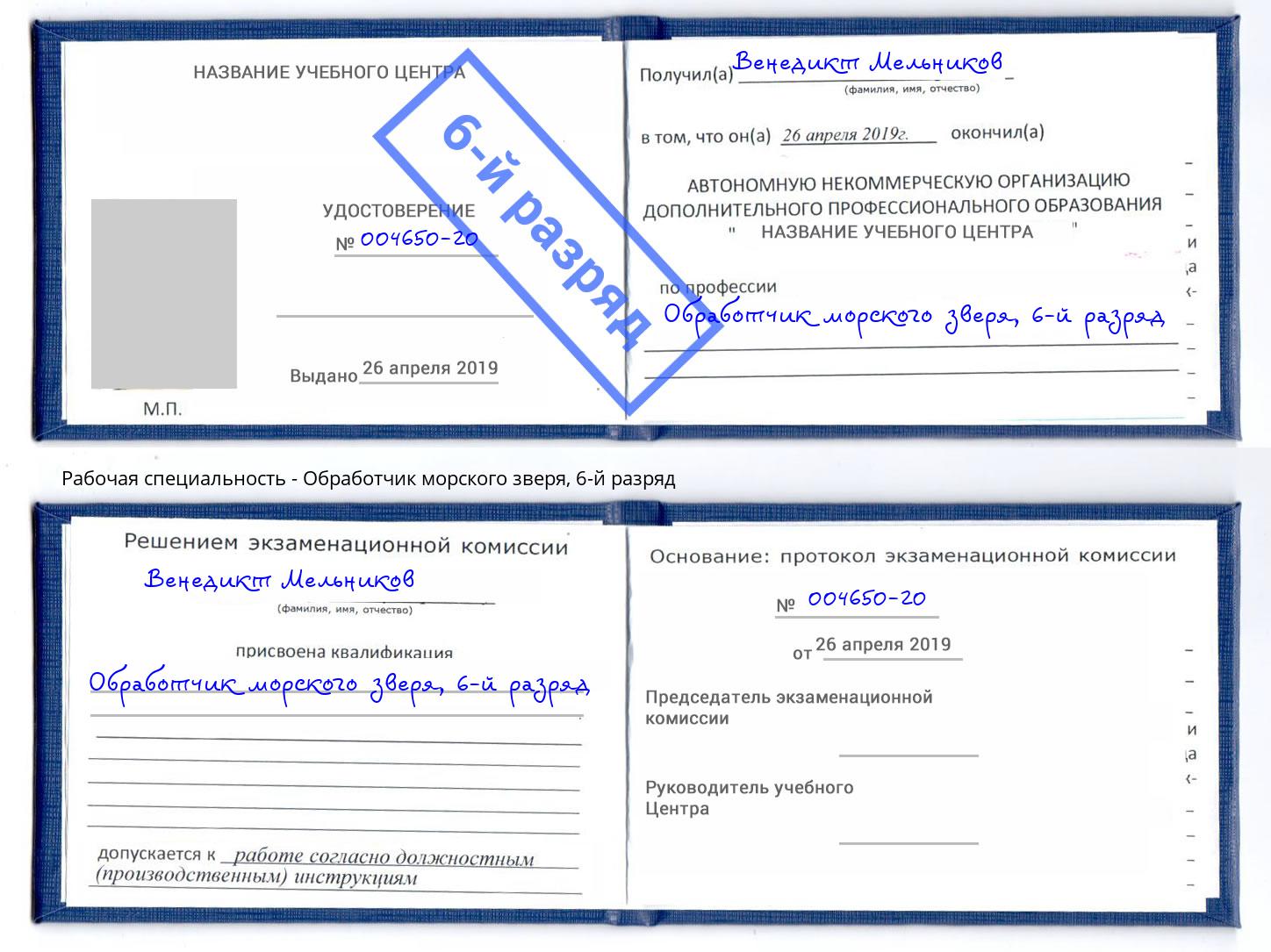 корочка 6-й разряд Обработчик морского зверя Дзержинск