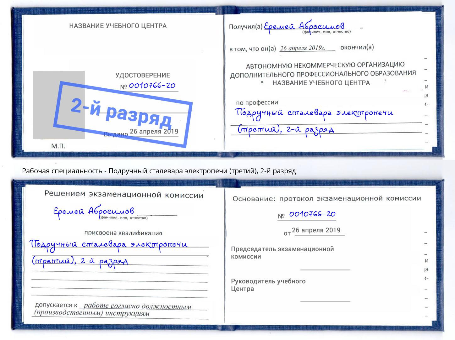 корочка 2-й разряд Подручный сталевара электропечи (третий) Дзержинск