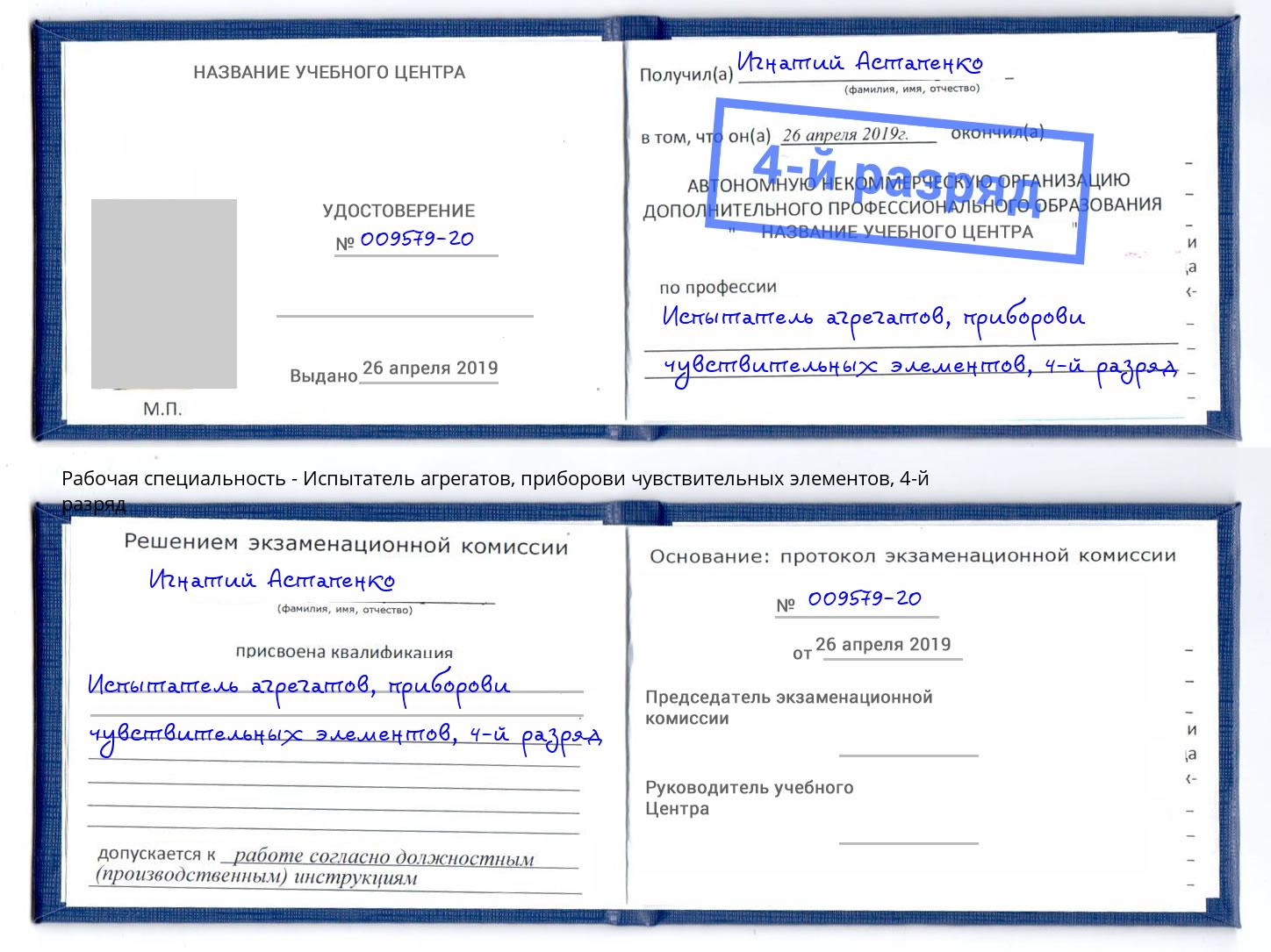 корочка 4-й разряд Испытатель агрегатов, приборови чувствительных элементов Дзержинск