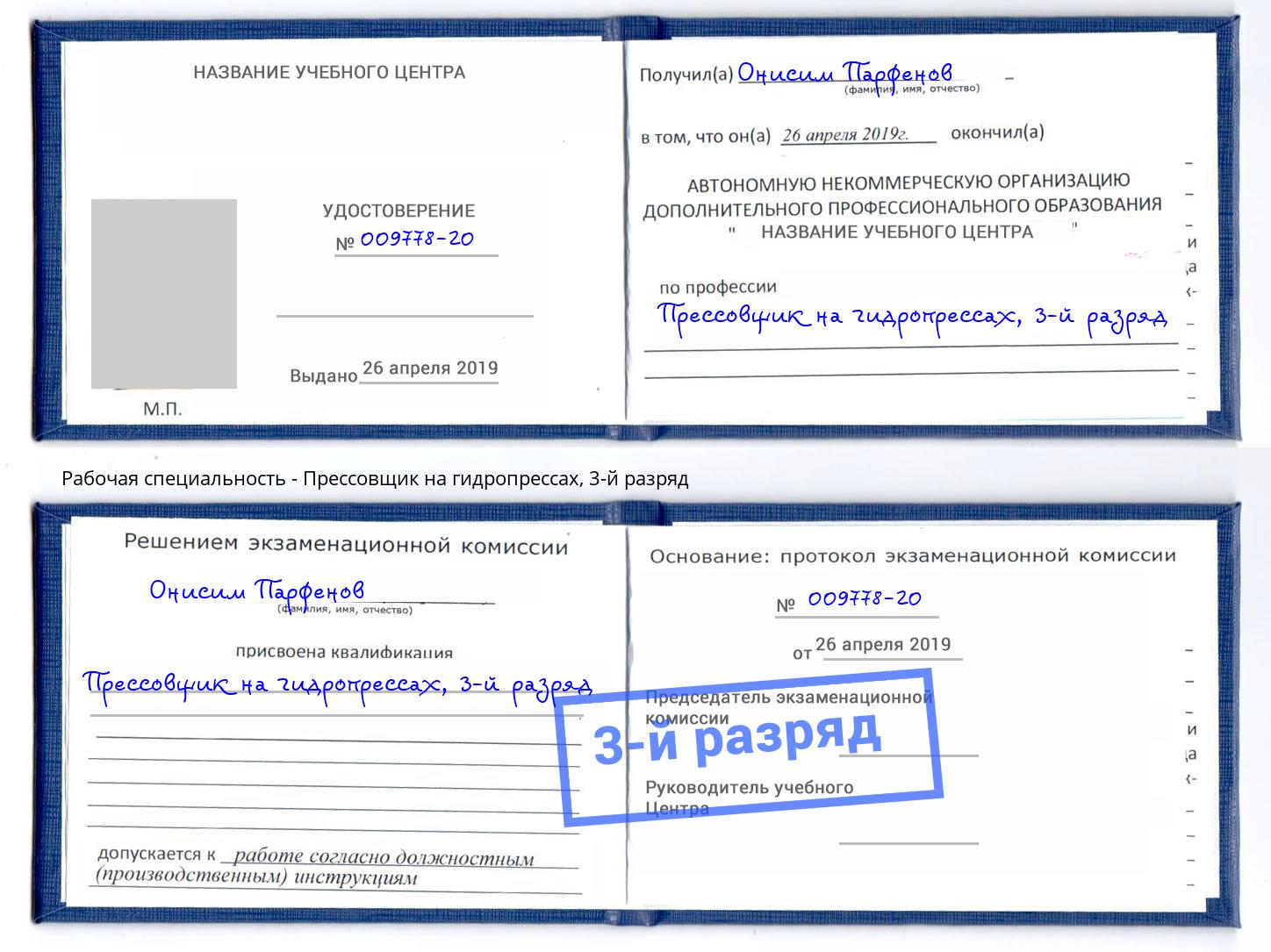 корочка 3-й разряд Прессовщик на гидропрессах Дзержинск