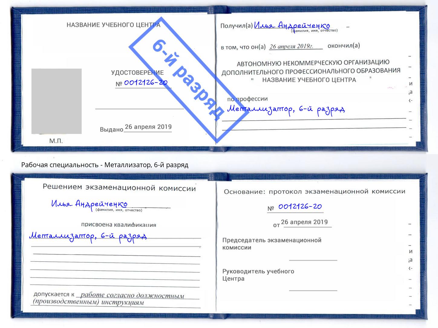 корочка 6-й разряд Металлизатор Дзержинск