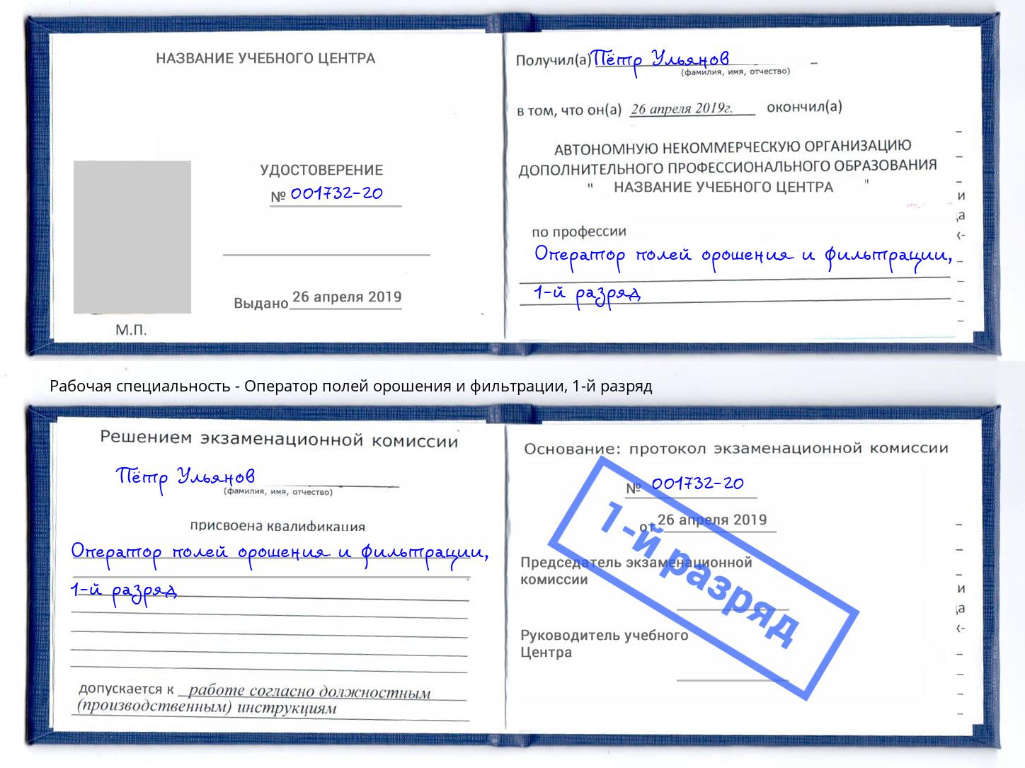 корочка 1-й разряд Оператор полей орошения и фильтрации Дзержинск