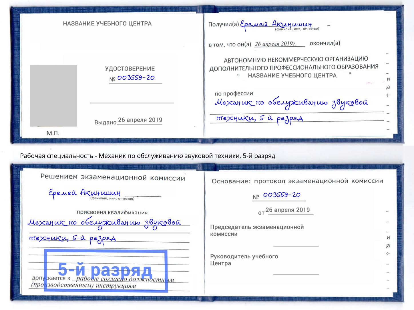 корочка 5-й разряд Механик по обслуживанию звуковой техники Дзержинск