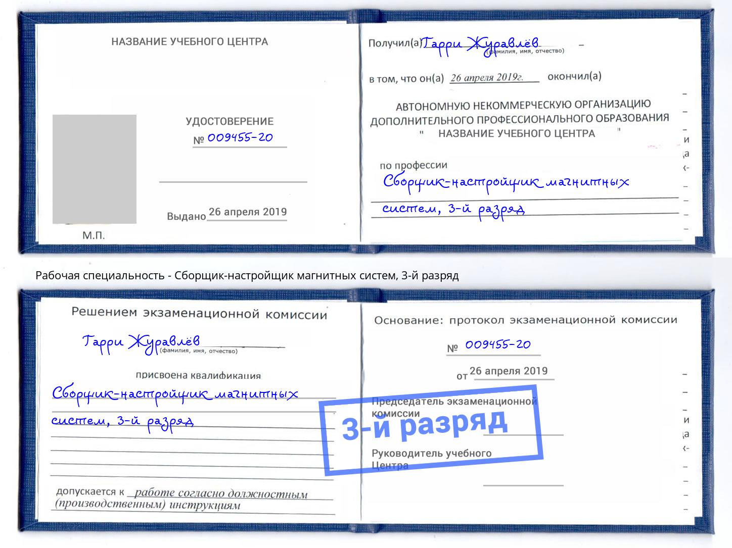 корочка 3-й разряд Сборщик-настройщик магнитных систем Дзержинск