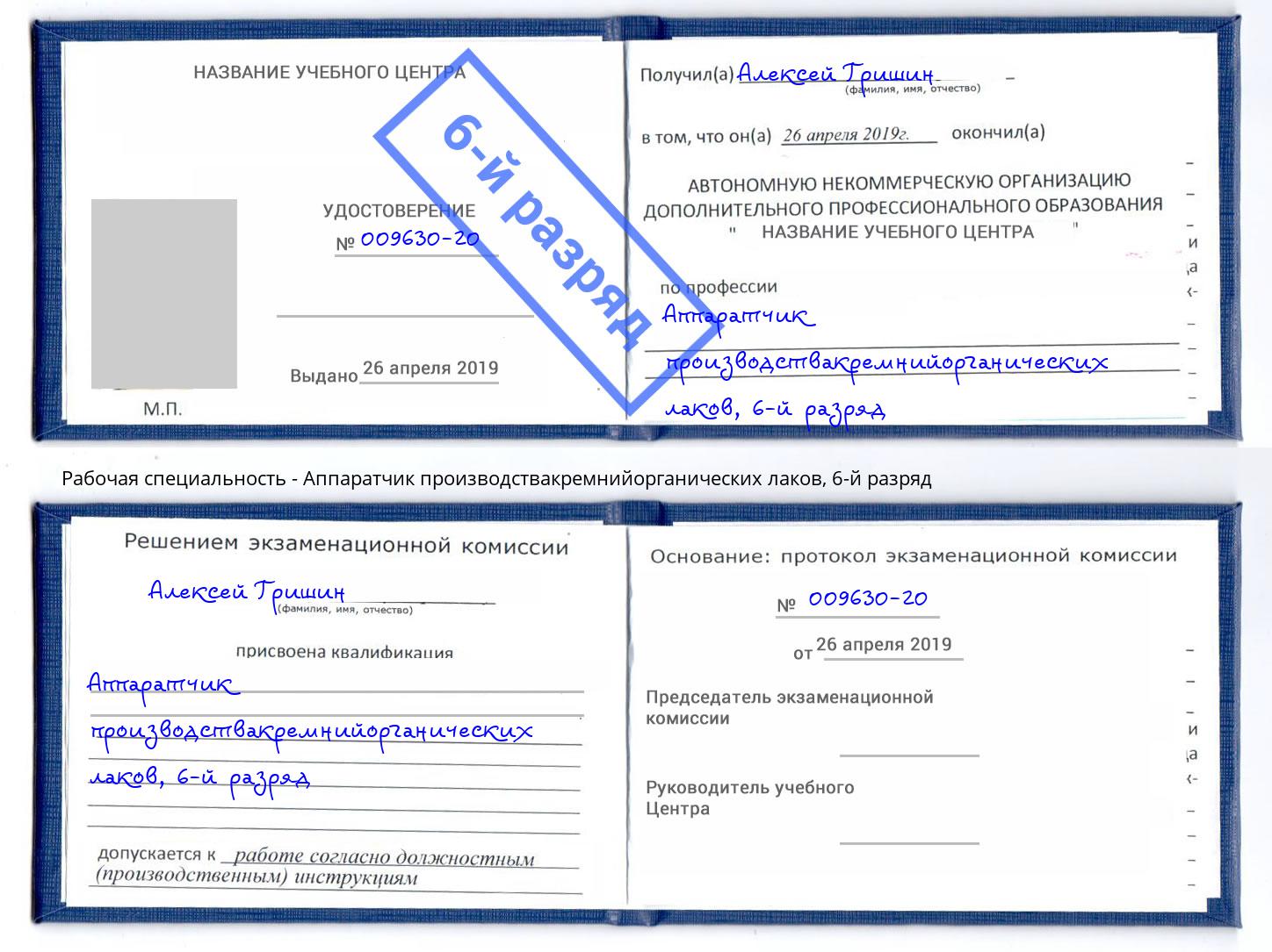 корочка 6-й разряд Аппаратчик производствакремнийорганических лаков Дзержинск