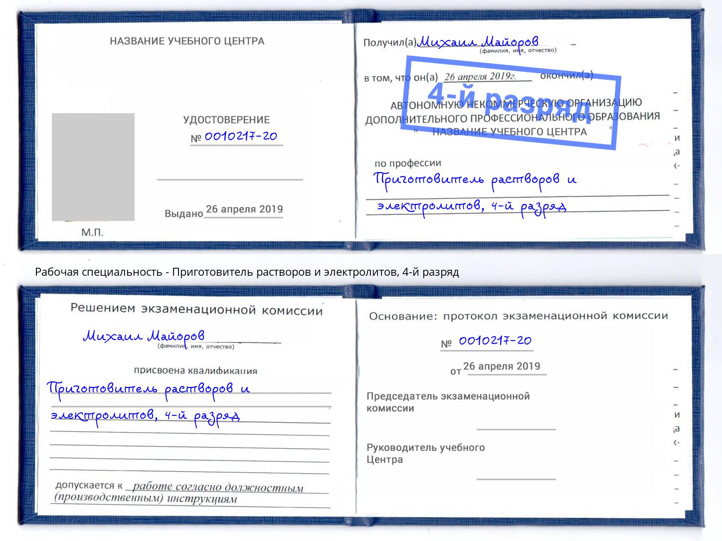 корочка 4-й разряд Приготовитель растворов и электролитов Дзержинск