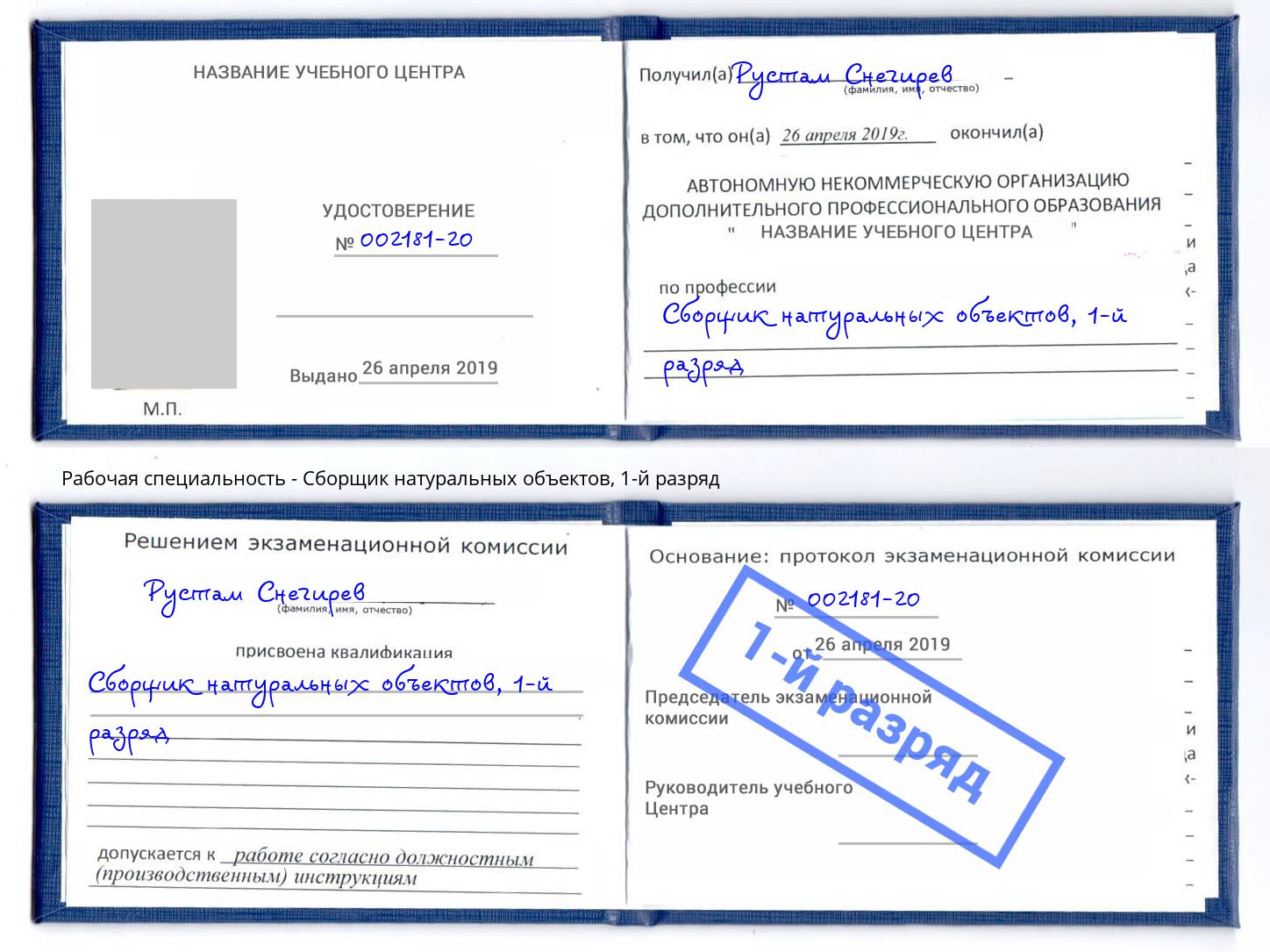 корочка 1-й разряд Сборщик натуральных объектов Дзержинск