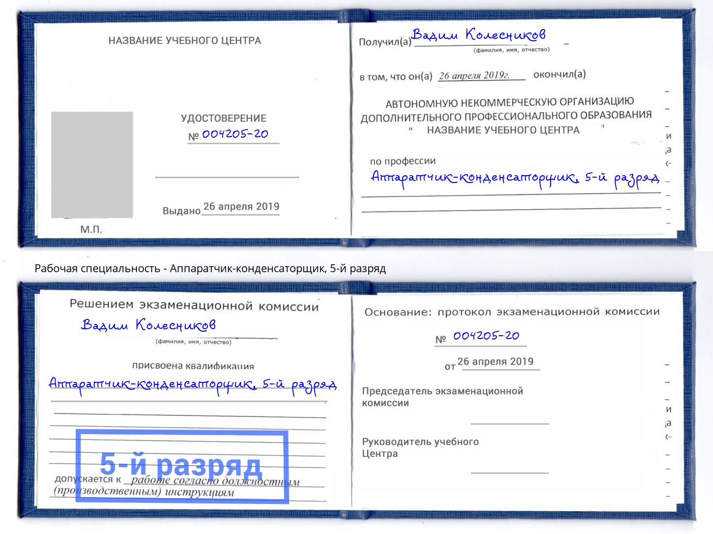 корочка 5-й разряд Аппаратчик-конденсаторщик Дзержинск